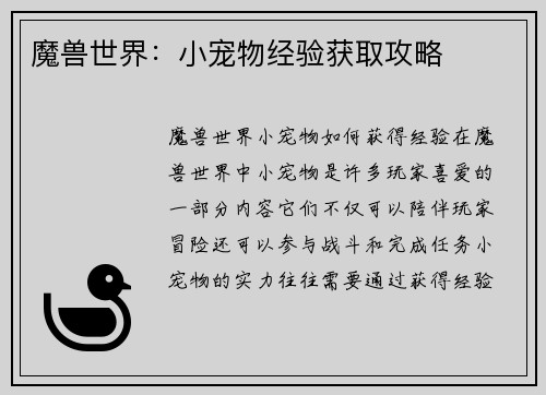 魔兽世界：小宠物经验获取攻略