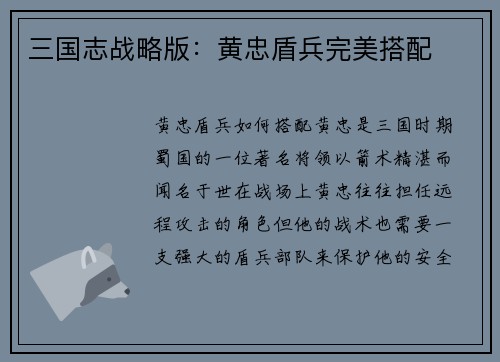 三国志战略版：黄忠盾兵完美搭配
